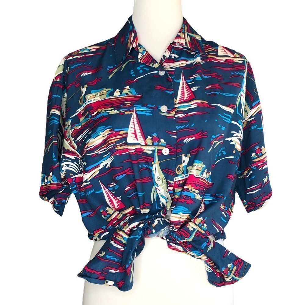 Vintage Women’s Barn Fly Trading Co Rayon Marlin Shirt sz M